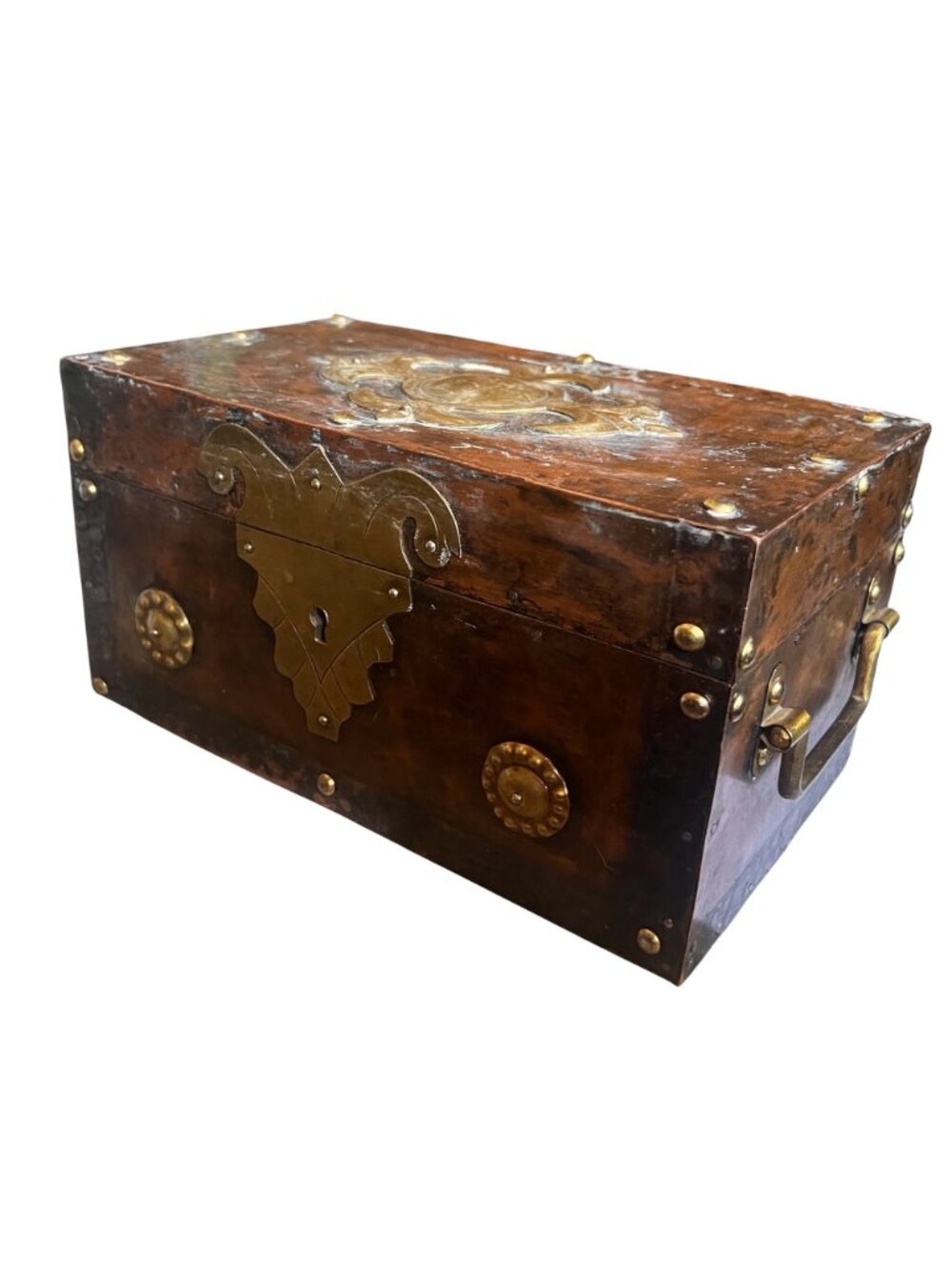 Antique Anglo-Indian Coper Clad Wood Box Brass Hardware & Handles c.1900 Patina - Picture 2 of 16